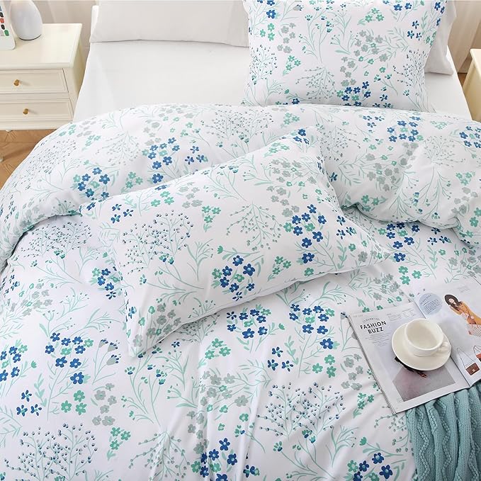 MUXHOMO Blue Flower Full Comforter Set, Elegant Floral Print Bed in a Bag 7 Pieces, Ultra Soft & Breathable Reversible Botanical Pattern Bedding Set with Comforter, Sheets, Pillowcases, and Shams