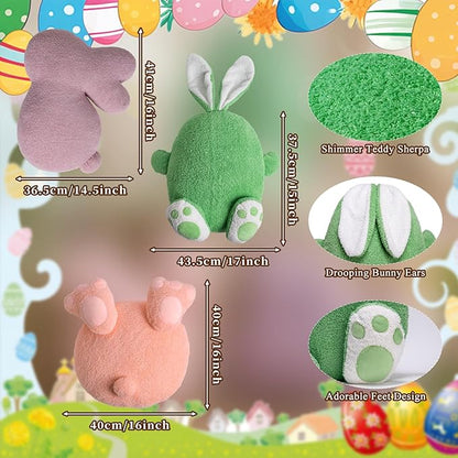Lanpn Easter Shaped Throw Pillows Set of 3, Pink Egg with Feet Purple Bunny Soft Velvet Green Egg with Hands and Feet Rabbit Cushions for Sofa Couch Bedroom Spring Decor