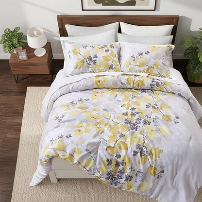 King Comforter Set Yellow Bed Set, 9 Pieces Cute Floral Bedding Set Ultra Soft Botanical Flowers Comforter, Sheets, Pillowcases & Shams