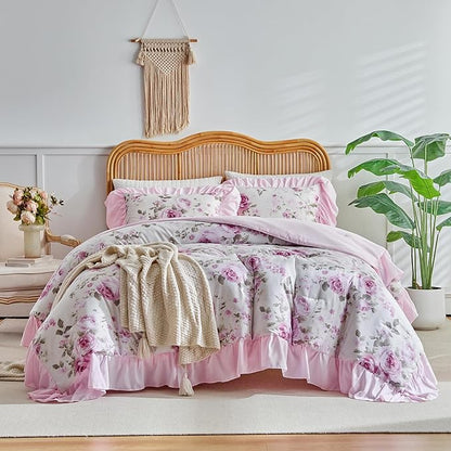 Flower Comforter Set Queen Size 90 * 90in - White Pink Floral Style -3 Pieces Shabby Chic Farmhouse Bedding Set with Ruffled Fringe Rustic Lightweight Botantical Ruffle Comforter with Shams