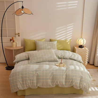 HighBuy Queen Comforter Set 3 Pieces Green Grid Plaid Comforter Set Checkered Comforter with 2 Pillowcases Modern Lightweight Boho Bedding Comforter Geometric Gingham Fluffy Comforter Set