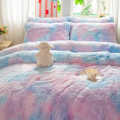 chovy Faux Fur Plush Tie-Dyed Blue Comforter Sets King - Ultra Soft Shaggy Flannel Velvet Fluffy Fuzzy 3PC Bedding Set （Comforter x 1 Pillowcases x 2）