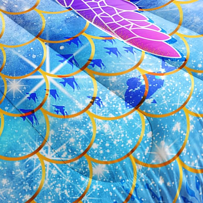 Mermaid Scales Bedding Set for Girls,Rainbow Scales Mermaid Printed Comforter Set Twin Size for Kid Women,Glitter Star Bed Set Quilts Set Lightweight