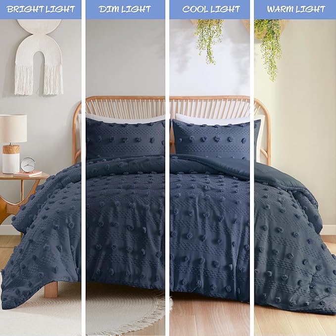 Intelligent Design King Comforter Set, Clipped Jacquard Comforter Set Chic Pompoms Accent, All Seasons Lightweight & Fluffy Comforter Bed Set with 2 Shams, Lucy, King/Cal King Navy 3 Piece