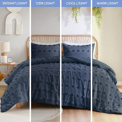 Intelligent Design Queen Duvet Cover Set, Clipped Jacquard Duvet Set Chic Pompoms Accent, All Seasons Lightweight Microfiber Bed Cover for Comforter with 2 Shams, Lucy, Full/Queen Navy 3 Piece