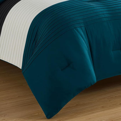 Chezmoi Collection Briar 7-Piece California King Bed in a Bag - All Season Lightweight Microfiber Comforter Set - Includes Sheets & Shams - Teal/Black/White Pleated Stripe Design