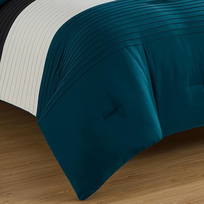 Chezmoi Collection Briar 7-Piece Queen Bed in a Bag - All Season Lightweight Microfiber Comforter Set - Includes Sheets & Shams - Teal/Black/White Pleated Stripe Design