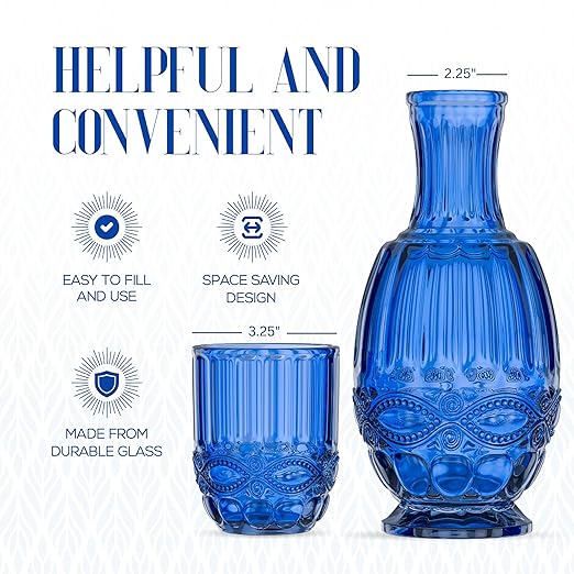 Bedside Water Carafe with Tumbler | 33-Ounce Pitcher and Matching Drinking Glass | Use Cup as a Lid for Carafe | For Guest Room, Nightstand, Office, or Gift | Blue | Elle Decor