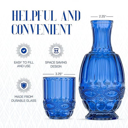 Bedside Water Carafe with Tumbler | 33-Ounce Pitcher and Matching Drinking Glass | Use Cup as a Lid for Carafe | For Guest Room, Nightstand, Office, or Gift | Blue | Elle Decor