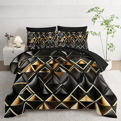 7 Piece Black and Gold Queen Comforter Set Geometric Pattern，Queen Quilt Bedding Set Checkered，(1 Comforter, 1 Flat Sheet, 1 Fitted Sheet, 2 Pillowcase and 2 Pillow Sham)