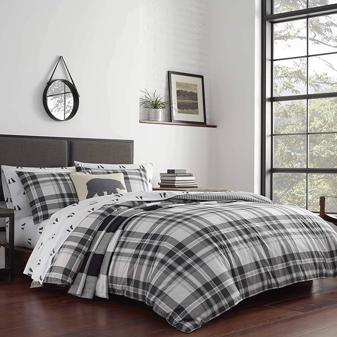 Eddie Bauer - King Comforter Set, Cotton Reversible Bedding with Matching Shams, Plaid Home Decor for All Seasons (Coal Creek Grey, King)