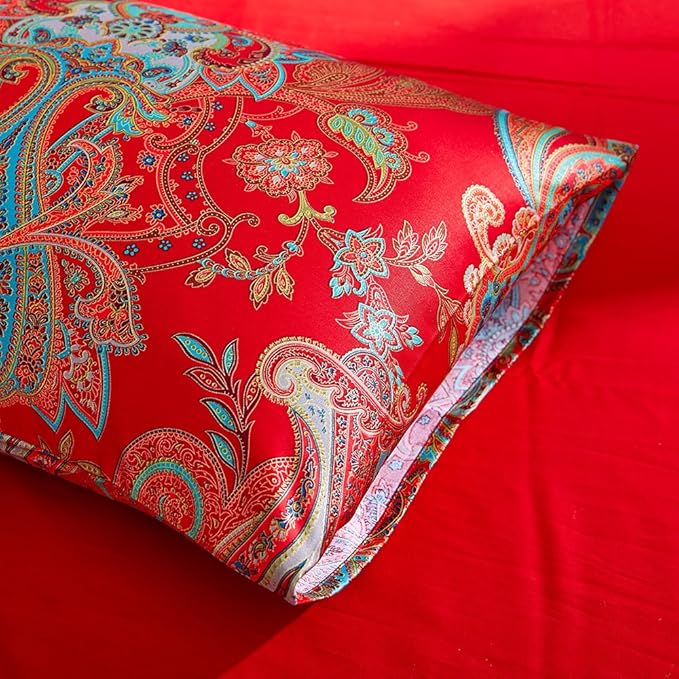 mixinni Red Paisley Comforter Sets King Size Bed Shabby Chic Print Comforter All Season 3 Pieces 1 Fluffy Soft Comforter with 2 Pillow Shams-King Size
