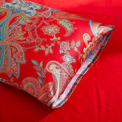 mixinni Red Paisley Comforter Sets King Size Bed Shabby Chic Print Comforter All Season 3 Pieces 1 Fluffy Soft Comforter with 2 Pillow Shams-King Size