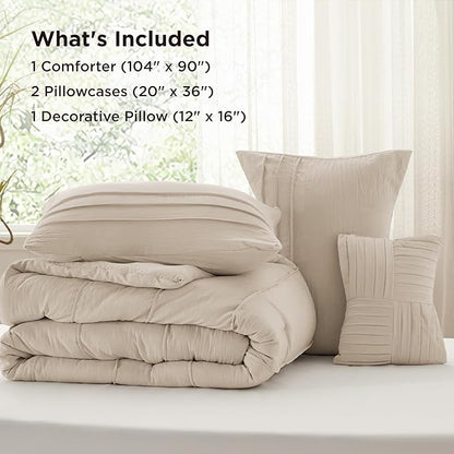 Bedsure King Comforter Set - 4 Pieces Pinch Pleat Bed Set, Linen Boho Bedding for All Season, 1 Soft Comforter, 2 Pillowcases, 1 Decorative Pillow
