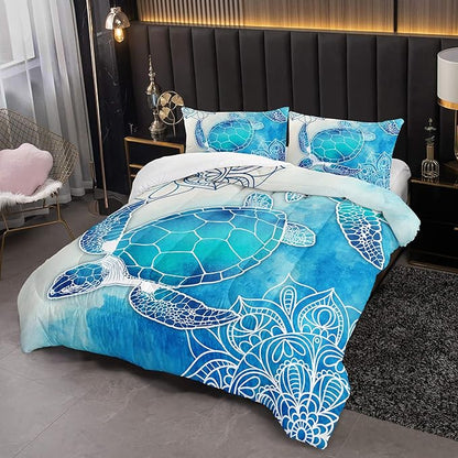 HOSIMA Sea Turtle Comforter Set,Coastal Beach Themed Bedroom Comforter Set Queen Size for Kids Teen Girls Boys Room Decor,Turtle Twin Bed in a Bag for Girls with 2 Pillowcases.