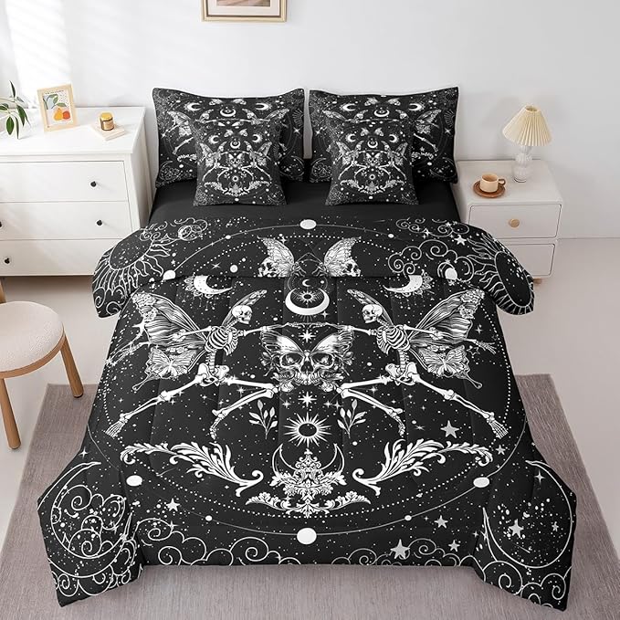 Feelyou Sugar Skull Bedding Set with Comforter, Gothic Skull Comforter Full Size 7Pcs Halloween Themed Bed in a Bag with Comforter, Boho Death Moth Flat Sheet, Fitted Sheet, Pillowcases Room Decor