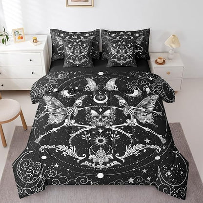 Feelyou Sugar Skull Bedding Set with Comforter, Gothic Skull Comforter Full Size 7Pcs Halloween Themed Bed in a Bag with Comforter, Boho Death Moth Flat Sheet, Fitted Sheet, Pillowcases Room Decor