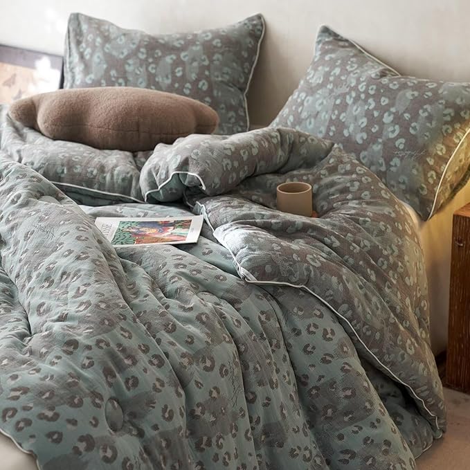 MKXI Double Layer Muslin Cotton Comforter Set Twin XL Leopard Print Shabby Chic Bedding Comforter Set Soft Breathable Grey and Green Floral Animal Cheetah Lightweight Bed Comforter for All Season