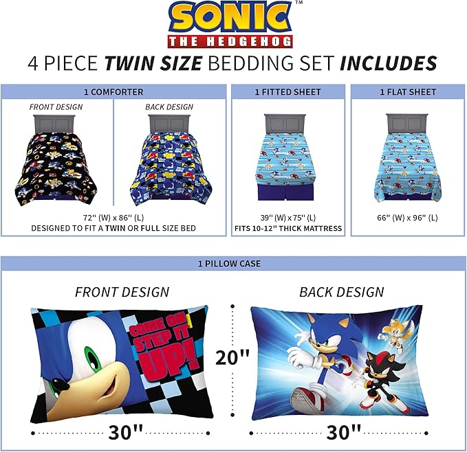 Sonic the Hedgehog Anime Kids Super Soft Comforter and Sheet Set, 4 Piece Twin Size by Franco