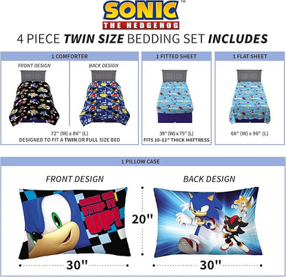 Sonic the Hedgehog Anime Kids Super Soft Comforter and Sheet Set, 4 Piece Twin Size by Franco