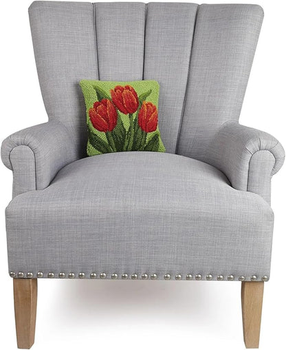 Peking Handicraft Red Tulips 10" Square Hooked Wool Throw Pillow with Polyfill Insert