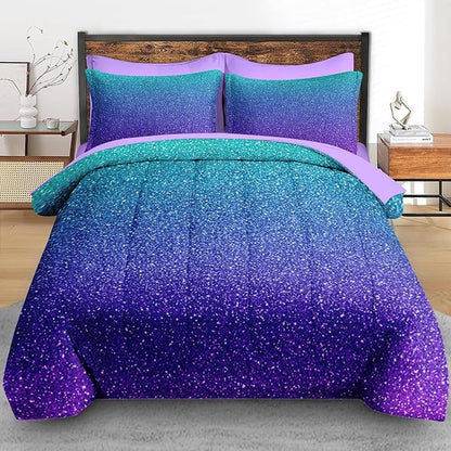 Comforter Set Full Size, Colorful Girls Ombre Purple Glitter 7 Pcs Bedding for Kids and Adults, Neon Blue Teal Bed Sheet Sets with Fitted Sheet 2 Pillowcases & 2 Shams for Bedroom Bed Decor