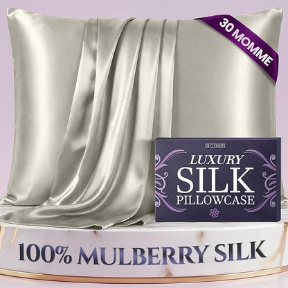 DECOLURE 100% Pure Mulberry Silk Pillow Case Standard Size – Highest Grade 30 Momme 6A+, Luxuriously Soft & Cooling Silk Pillowcase for Hair & Skin, Hypoallergenic, Breathable, Hidden Zipper (Ivory)