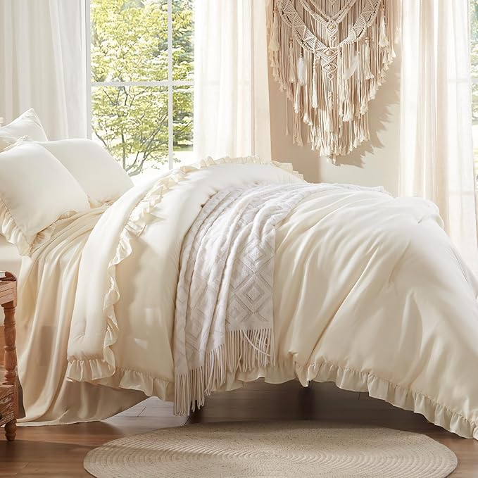Anluoer Queen Comforter Set 7 Piece, Cream Bed in a Bag with Sheets, All Season Ruffle Shabby Chic Bedding Sets with 1 Comforter, 2 Pillow Shams, 2 Pillowcases, 1 Flat Sheet, 1 Fitted Sheet