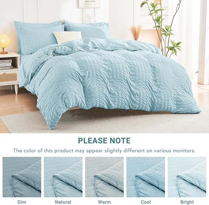 HYMOKEGE Lake Blue Full Size Comforter Sets Seersucker 7 Pieces, All Season Luxury Bed in a Bag for Bedroom, Bedding Set with Comforters, Sheets, Pillowcases & Shams