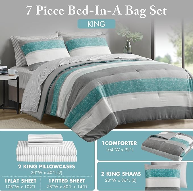 Madison Park Essentials King Comforter Set, Bed in A Bag Comforter & Sheet Set, Modern Casual Stripes Print, All Seasons, Soft Microfiber Bedding Makeover, Matching Shams, King Aqua/Grey 7 Piece