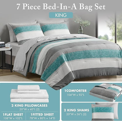 Madison Park Essentials King Comforter Set, Bed in A Bag Comforter & Sheet Set, Modern Casual Stripes Print, All Seasons, Soft Microfiber Bedding Makeover, Matching Shams, King Aqua/Grey 7 Piece