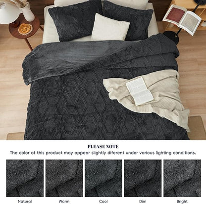 PHF Warm Sherpa Fleece King Comforter Set, 3D Tufted Fluffy Dark Grey Bedding for Winter, Soft 2 Pieces Shaggy Bed Set, 1 Comforter (104"x90") and 2 Pillowcases (20"x36")
