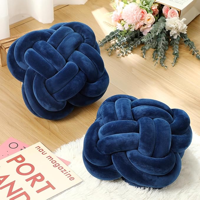 2 Pcs Knot Pillow Balls Set, 12 Inch Soft Decorative Throw Knot Pillow Ball, Large Square Knotted Floor Cushion for Living Room Bedroom Sofa Couch Bed Home Decoration (Navy Blue)