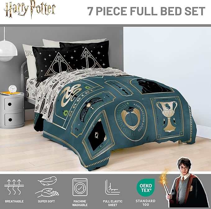 Jay Franco Kids Comforter Set Includes Sheets and Pillow Covers - Soft and Cozy Bed Set for Stylish Room Decor, Blue - Harry Potter, 7 Piece Full Size Bedding