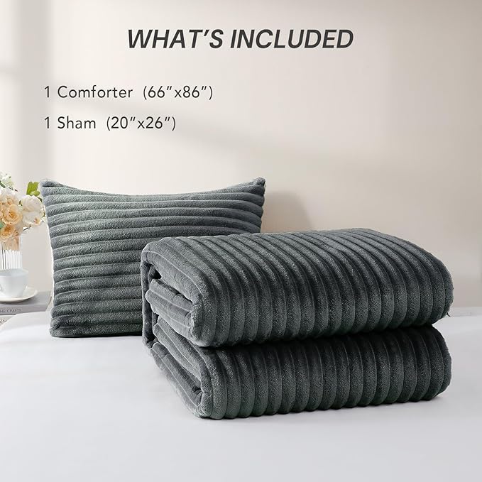 Geniospin Fleece Twin Comforter Set, Soft Fuzzy Twin Bedding Sets, 2-Pieces Grayish Blue Comforter Set for All Season, Warm Fluffy Comforter with 1 Pillow Case