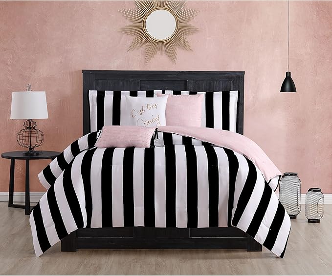 Juicy Couture – Comforter Set, Cabana Stripe Design, Twin Bedding, 5 Piece Set Includes 1 Comforter, 1 Sham and 3 Decorative Pillows, 100% Microfiber Polyester, Wrinkle Resistant