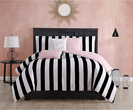 Juicy Couture – Comforter Set, Cabana Stripe Design, Twin Bedding, 5 Piece Set Includes 1 Comforter, 1 Sham and 3 Decorative Pillows, 100% Microfiber Polyester, Wrinkle Resistant