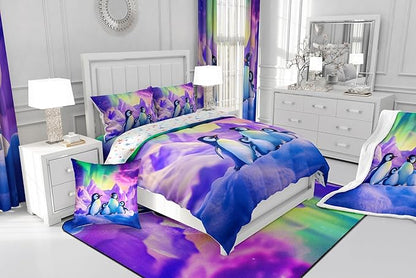 Cartoon Penguin Family Comforter Toddler,Watercolor Aurora Neon Purple Green Quilt Comforter with 1 Pillowcase,Cute Wildlife 3D Mountain Bedding Set Comfortable,Soft and Breathable