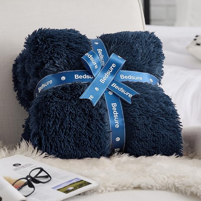 Bedsure GentleSoft Fluffy Navy Blue Blankets Queen Size for Bed, Thick Sherpa Fleece Faux Fur Fuzzy Plush Winter Warm Soft Full Queen Blankets, Bedroom Decor Blue Gifts for Women Men, 90x90