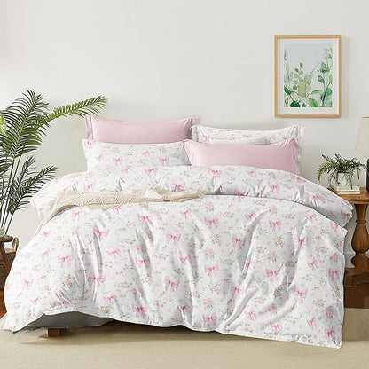 Nayoroom Pink Bow Comforter Set Full Size White Green Leaf Floral Comforter 3 Pieces Girls Soft Lightweight Cute Coquette Bedding Set for All Seasons