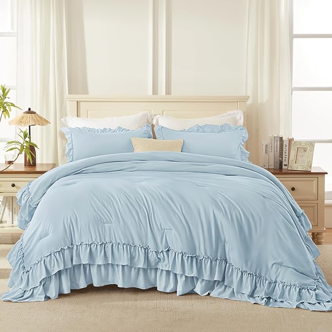 Andency Light Blue Queen Comforter Set (90x90Inch), 3 Pieces Lightweight Fluffy Ruffle Bedding Comforter Sets for Queen Bed, Farmhouse Shabby Chic Soft All Season Bed Set