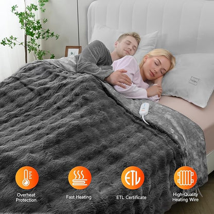 Heated Blanket Electric Throw- 50"x60" Soft Thick Bubble Electric Blanket for Sofa with 5 Heat Levels & 4 Hours Auto-Off Overheat Protection, Warm Cozy Gifts, Light Grey