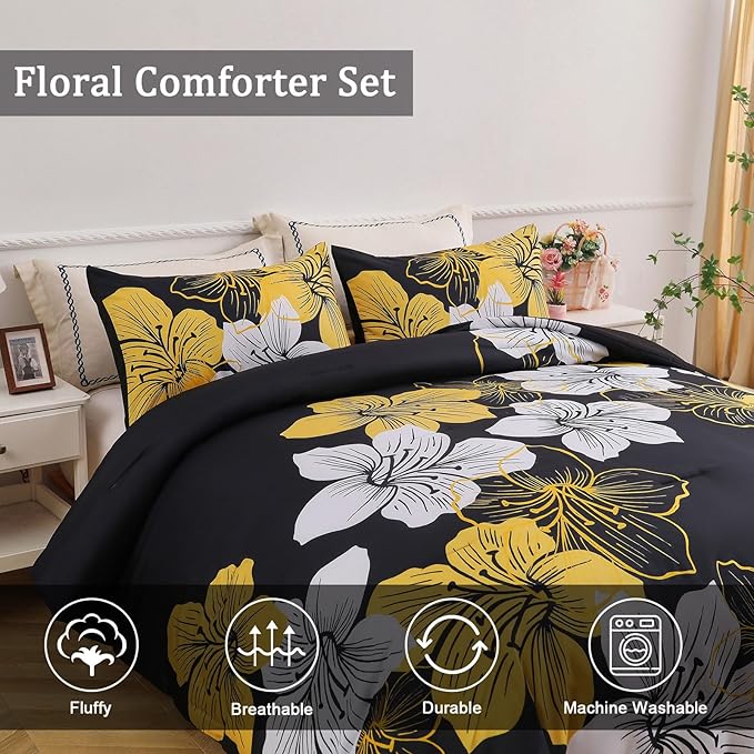 Menghomeus Full Comforter Set Black/Gold Floral Bedding Comforter Sets - Soft Microfiber Bed Comforter Set for All Season 3 Piece Botanical Flowers Comforter, Pillowcases