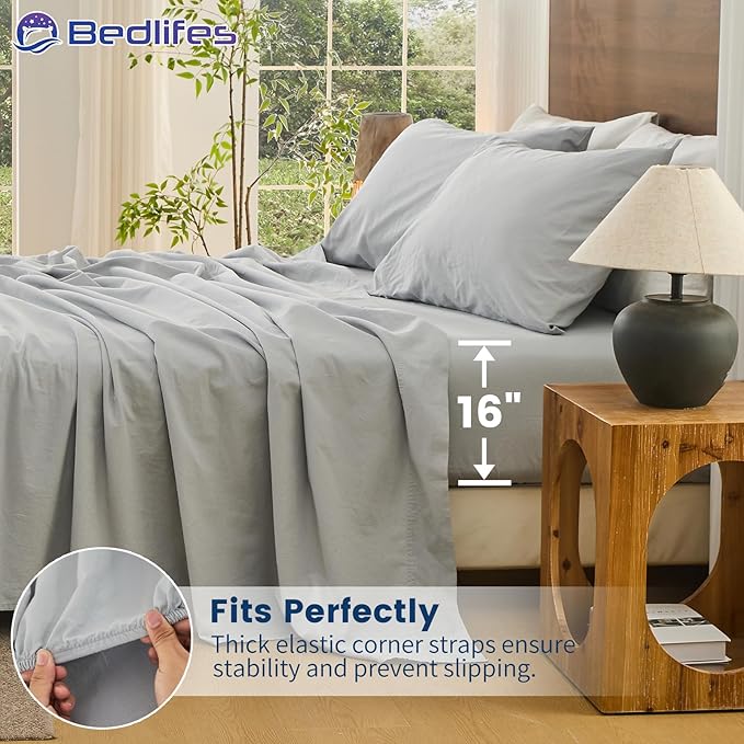 Bedlifes 100% French Pure Linen Sheets California King Size Breathable and Cooling Flax Sheet Set Soft Durable and Moisture Wicking 16 Inch Deep Pocket-4 Piece(Cal King,Grey)