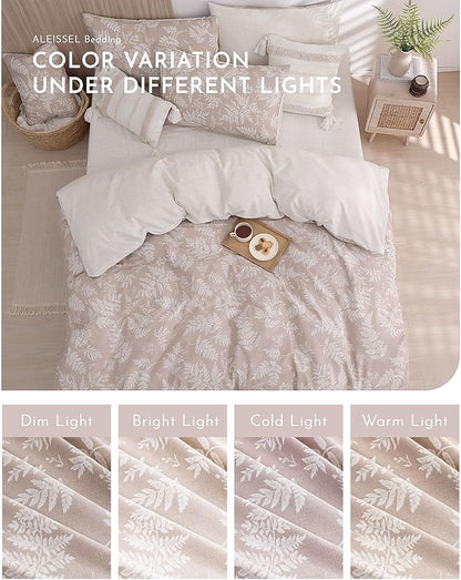 Natural Cotton 3pcs Botanical Comforter Sets King Size-Dusty Pink Comforter with Luxurious White Leaves & Branches, Reversible Lightweight Beige Bedding Sets(King 104"×90")