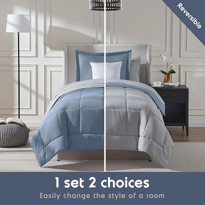 Nestl 5 Piece Twin XL Comforter Set – Stone Blue Reversible Bed in a Bag – Complete Twin XL Size Bedding Set with Sheets, Pillowcase and Sham