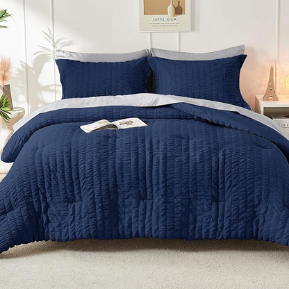 HYMOKEGE Navy Blue/Light Grey Queen Comforter Set Seersucker 7 Pieces, All Season Luxury Bed in a Bag Queen for Bedroom, Bedding Set with Comforter, Sheets, Pillowcases & Shams