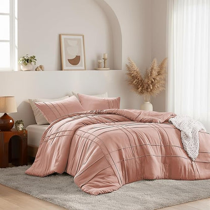 King Size Comforter Set Pink, 3 Pieces Bedding Set, Ultra Soft Prewashed Bed Set, Pinch Pleat All Seasons Lightweight Comforter and Shams