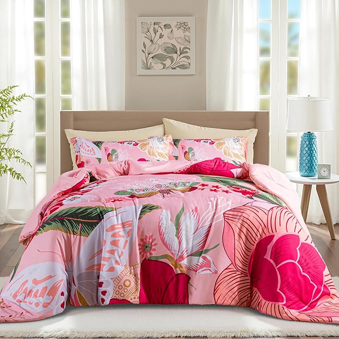 Pink Boho Floral King Comforter Set - 3 Piece Farmhouse Botanical Bedding Comforter Sets for All Season Soft Lightweight Mid Century Modern Bed Set, (1 Reversible Comforter and 2 Pillow Shams