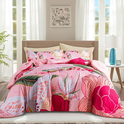 Pink Boho Floral Queen Comforter Set - 3 Piece Farmhouse Botanical Bedding Comforter Sets for All Season Soft Lightweight Mid Century Modern Bed Set, (1 Reversible Comforter and 2 Pillow Shams
